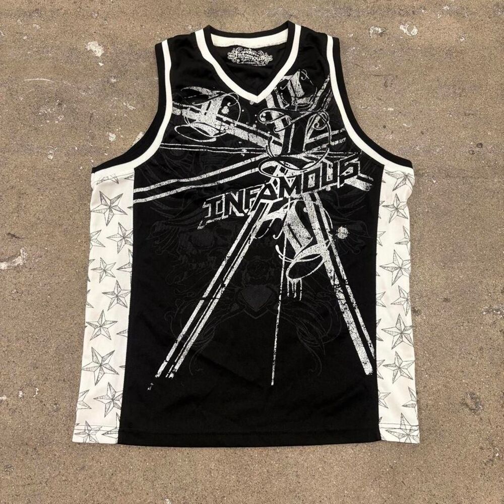Y2K Infamous black & white basketball jersey